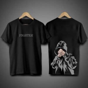 Oversize and Regular Black Cotton T-Shirt with Fighter Print