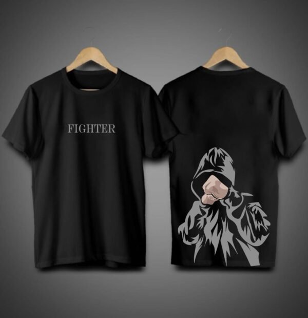 Oversize and Regular Black Cotton T-Shirt with Fighter Print